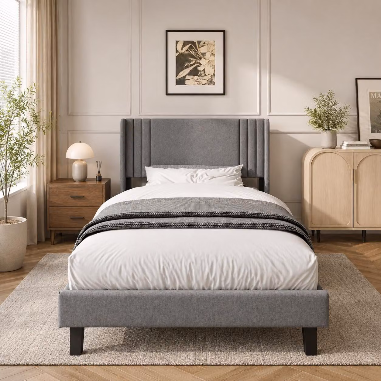 Struttura letto INONEFT 90x200 cm, letto imbottito con spazio contenitore sotto il letto, letto per bambini/ragazzi con testiera e rete a doghe, senza materasso, colore grigio lino
