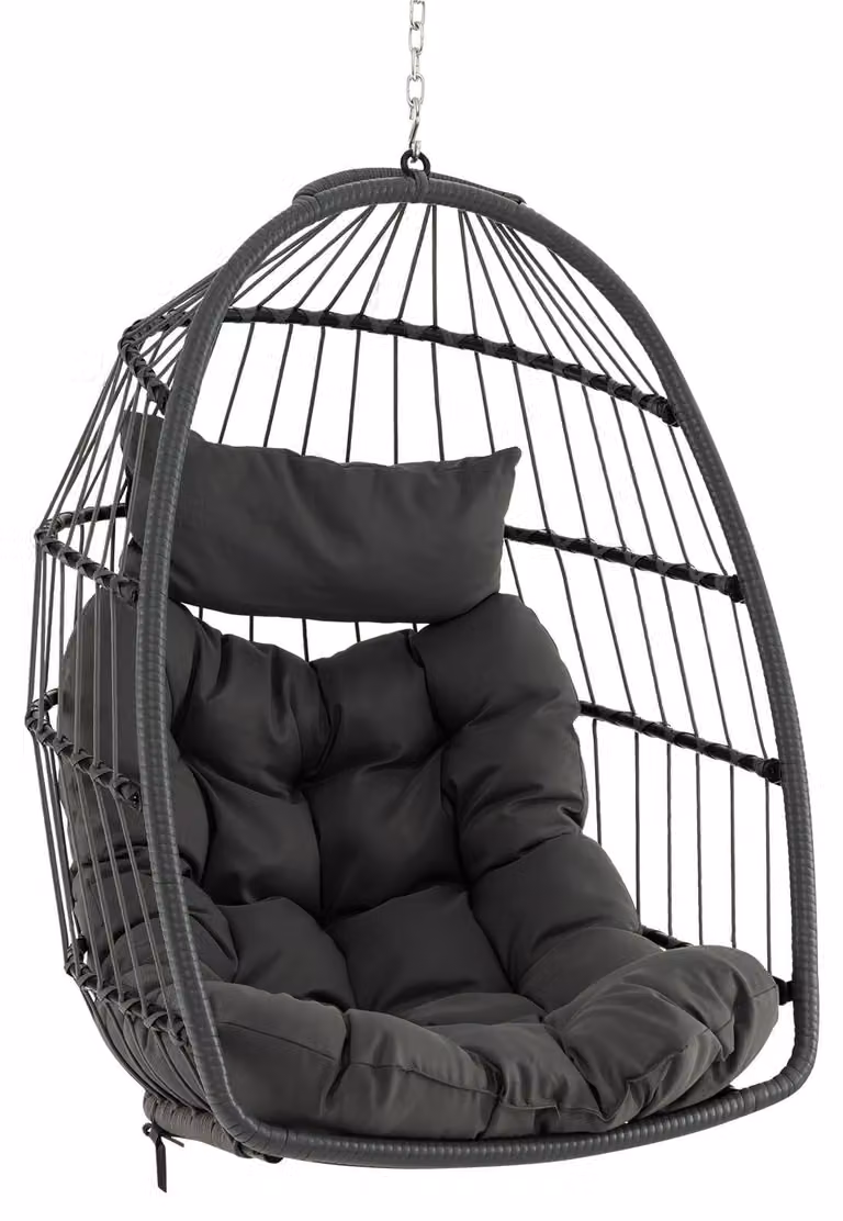 Sedia a dondolo sospesa – Sedia a dondolo sospesa con cuscino – Sedia a dondolo – Pieghevole – Rattan in polietilene (PE) – Con sistema di sospensione – Portata massima: 150 kg