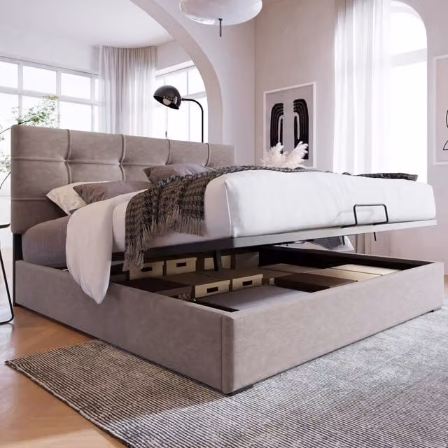 Letto contenitore matrimoniale 140 × 200 cm, testiera regolabile e sollevamento idraulico, senza materasso, in velluto