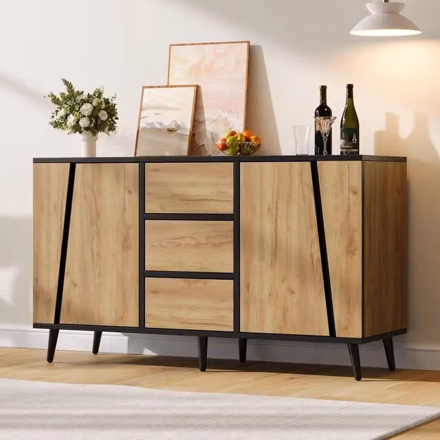 Sideboard 120x40x70 cm con 2 ante e 3 cassetti in MDF e truciolare naturale e nero