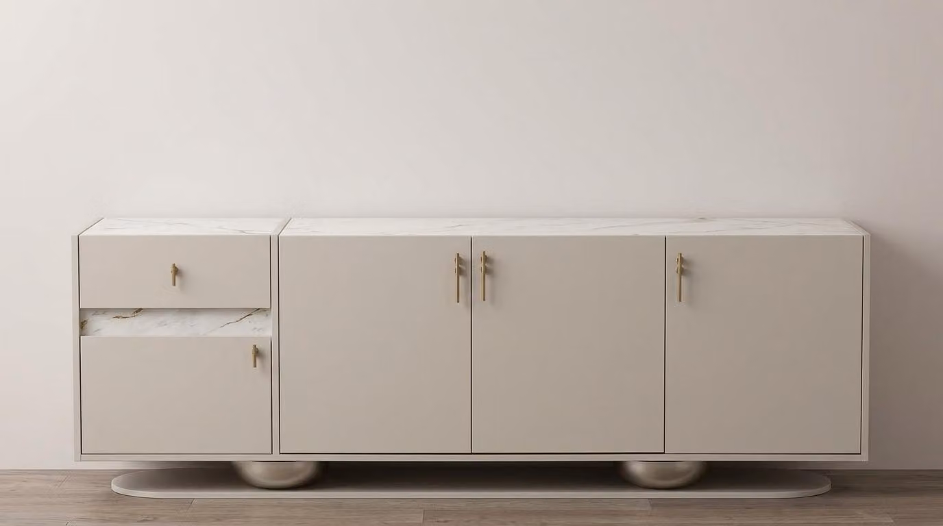 Credenza beige, comoda, moderna, spaziosa, elegante, minimalista