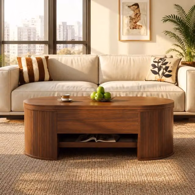 Tavolino da salotto ULEVR 110x55,5x40 cm con piano sollevabile, vano contenitore e ripiano estraibile, noce naturale