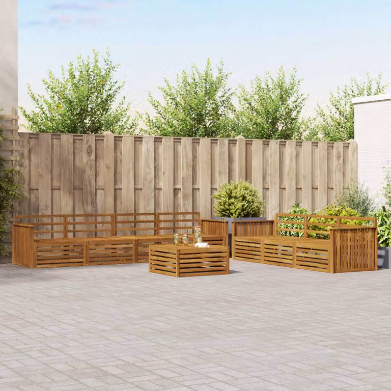 vidaXL Set di divani da esterno a forma di U composto da 8 pezzi in legno di acacia massello marrone con cuscini inclusi
