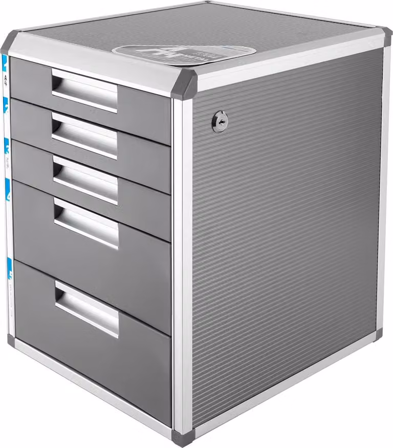 Archiviazione documenti - Cassettiera da scrivania - 5 cassetti - Alluminio - Dimensioni 35×31,5×40,5 cm - Senza rotelle - Max. 10 kg - Grigio chiaro