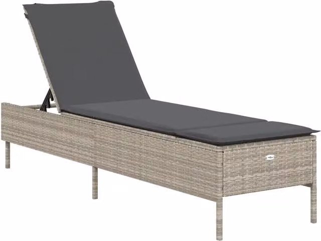 Lettino prendisole in polyrattan con cuscino grigio e poggiatesta regolabile per giardino – 1