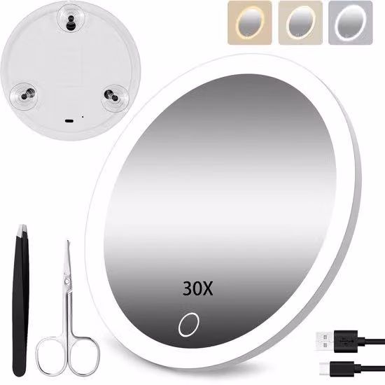 Lampada LED con ingrandimento 30x, specchio da viaggio con ingrandimento e 3 livelli di regolazione del colore, specchio da trucco LED con ingrandimento da 15,24 cm, dotato di luce LED e bocchini