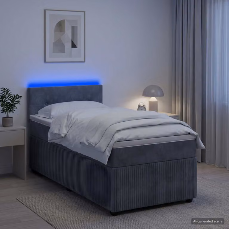 vidaXL Letto con Box Spring, Materasso a Molle Insacchettate e Illuminazione LED, Grigio Scuro, L/P: 90 x 190 cm