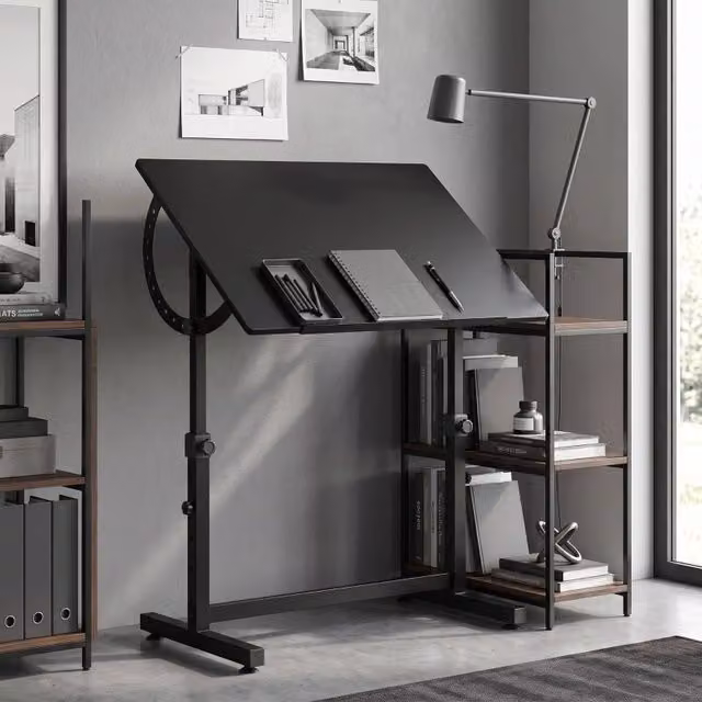 Tavolo da disegno regolabile in altezza e inclinazione in legno e metallo nero