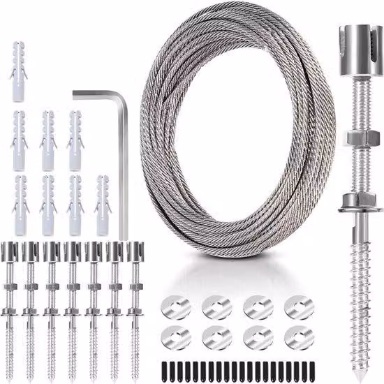Supporto climatico in acciaio inossidabile per piante - 12 m - Cavo in acciaio inossidabile - Set professionale con staffe da parete e cavo in acciaio da 3 mm - 8 staffe