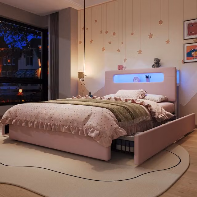 Letto imbottito rosa 140x200 cm in velluto; 4 cassetti; testiera con vano aperto e LED tramite app per cameretta