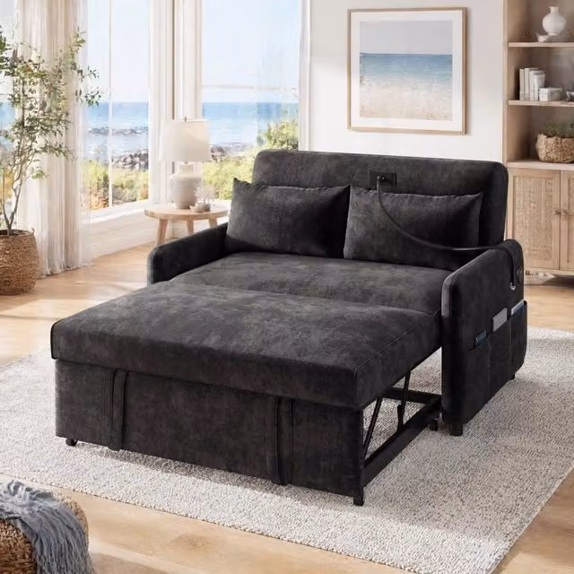 Divano Letto Estraibile REDOM in Chenille Grigio L: 129 cm, P: 163 cm, H: 81 cm