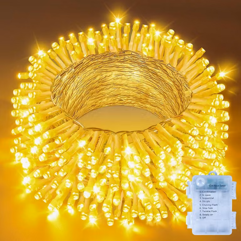 Catena luminosa da 15 metri, con 150 LED, luce bianco caldo, 8 modalità, timer, grado di protezione IP44