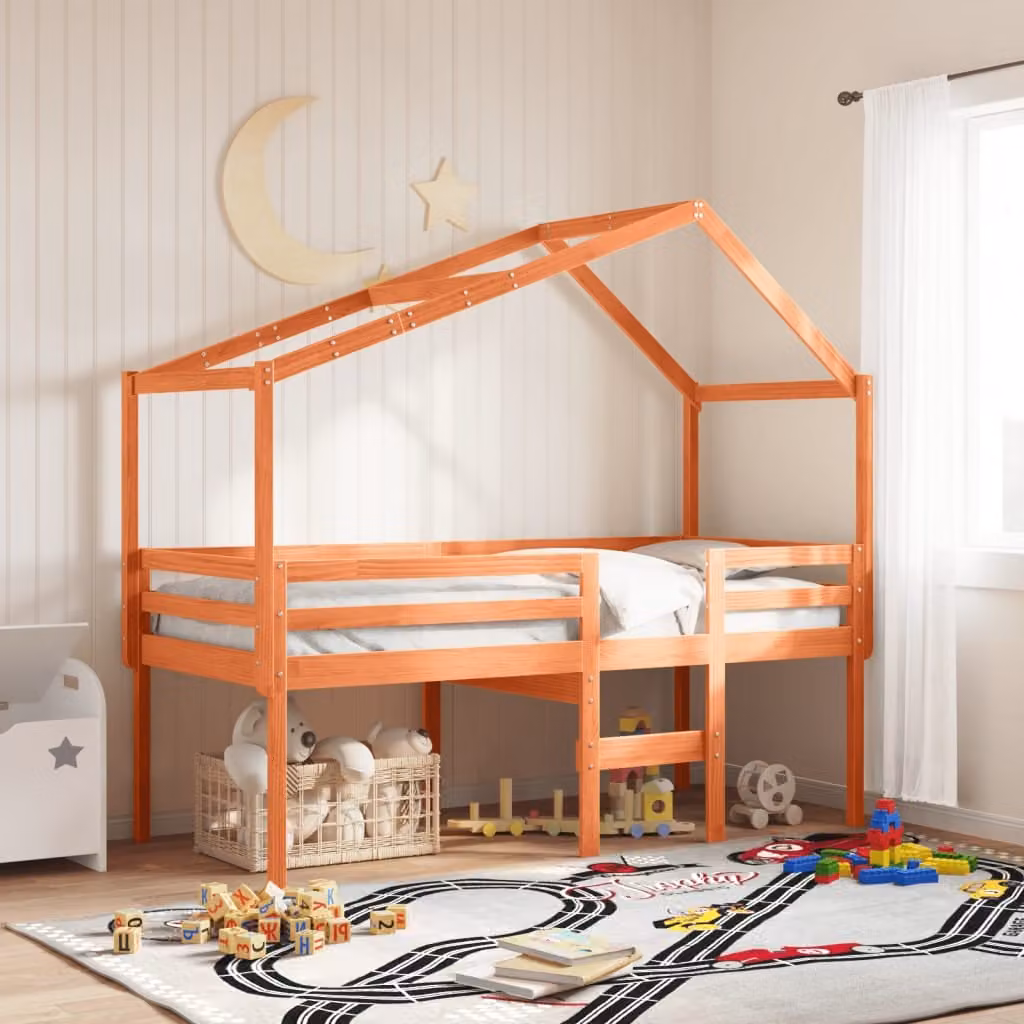 Letto a soppalco singolo vidaXL in legno di pino con tetto a casetta, colore marrone, L 200 x P 80 x H 144,5 cm – 1
