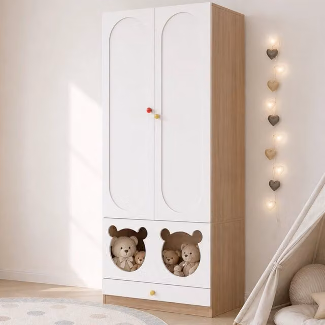 Armadio per bambini WISHDOR in stile scandinavo con ante a battente, cassetti interni, ripiani e asta appendiabiti, Bianco e Beige, L: 80 cm, P: 50 cm, H: 200 cm