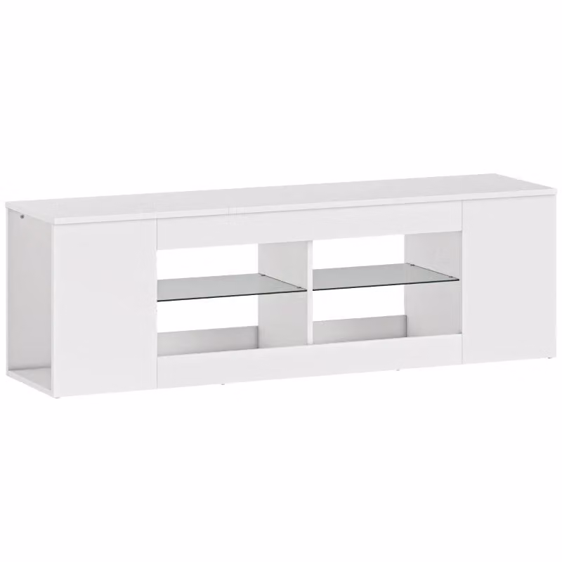 Mobile TV Minimal Bianco con 6 scomparti e 2 ripiani in vetro per soggiorno L: 140 cm, P: 42,5 cm, H: 35 cm – 2