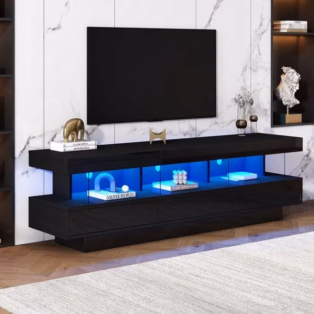Mobile TV con LED e Ripiani in Vetro ¨C Minimal ¨C Nero Lucido 160x38x50,5 cm per TV da 70 Pollici