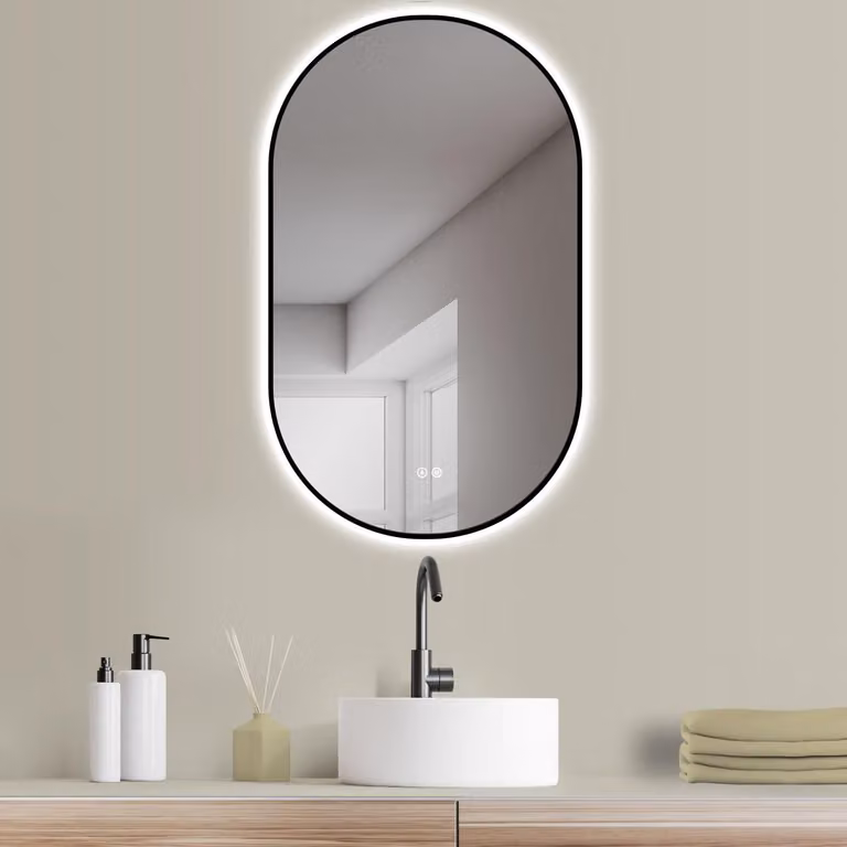 Specchio LED ovale, 50x90 cm, con funzione antiappannamento, cornice nera e dimmerabile