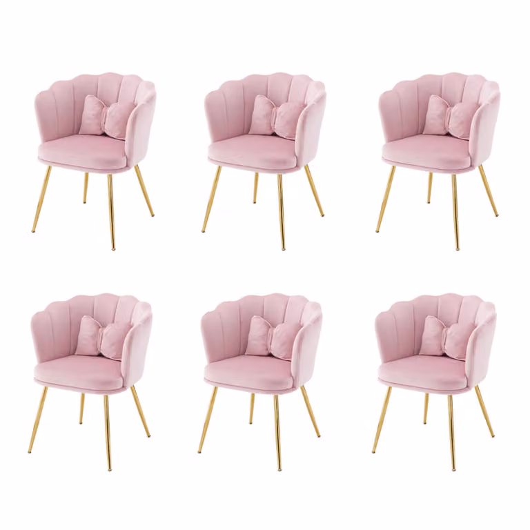 Set Fortuna Lai con 6 moderne sedie da salotto in velluto, sedie da bagno, sedie imbottite con schienale a petalo, gambe in metallo dorato e cuscini a forma di farfalla per la camera da letto e la sala da pranzo.