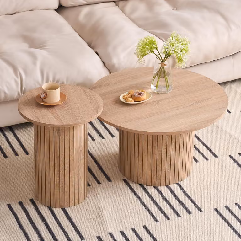 Set di tavolini da caffè, forma rotonda, stile rustico, color marrone chiaro, set da 2 pezzi