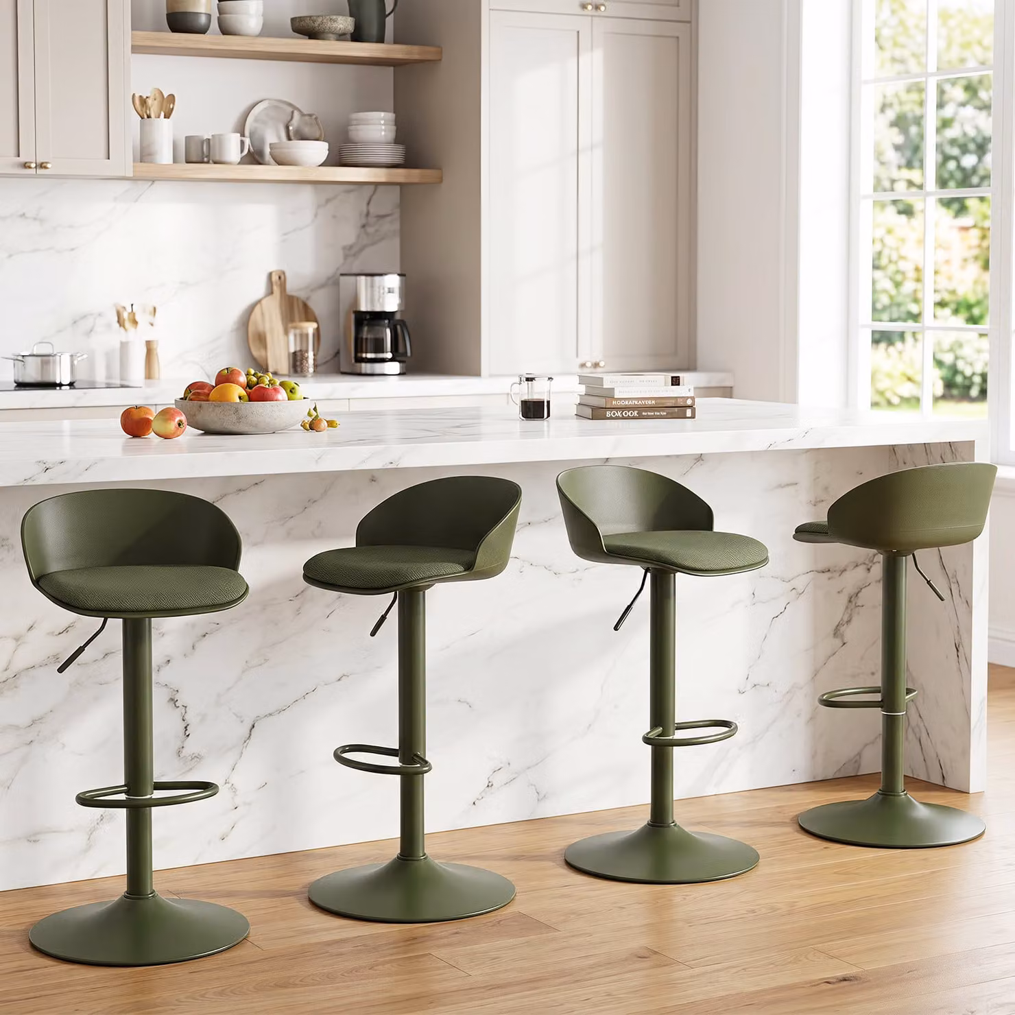 Set di 2 sgabelli da bar Costway girevoli e regolabili in altezza con sedile imbottito e schienale, sedie da cucina moderne in tessuto verde