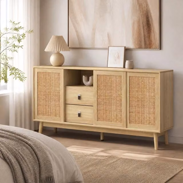 Credenza 155x38x80 cm effetto legno – 3 ante scorrevoli in rattan e 2 cassetti