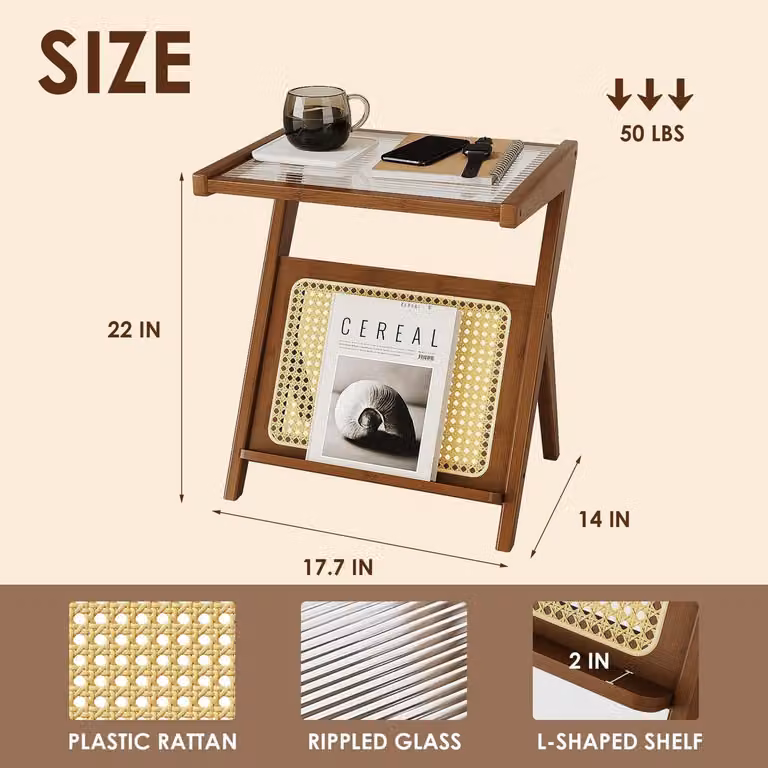 Tavolino laterale in bambù e vetro a forma di "Z", dimensioni 55,9 x 43,2 x 35,6 cm, stile bohémien, ideale come comodino