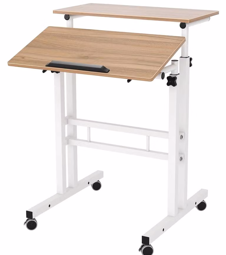 Scrivania per computer con rotelle - Scrivania regolabile in altezza - Piano inclinabile - 60 x 60 cm - Struttura in metallo - Piano in legno - Rovere anticato