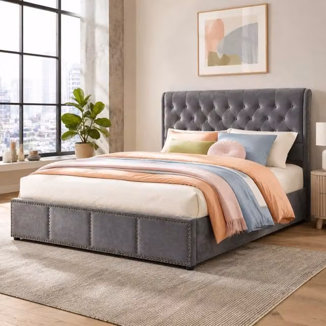 Letto contenitore matrimoniale 180×200 cm con testiera imbottita e rete, senza materasso, velluto grigio