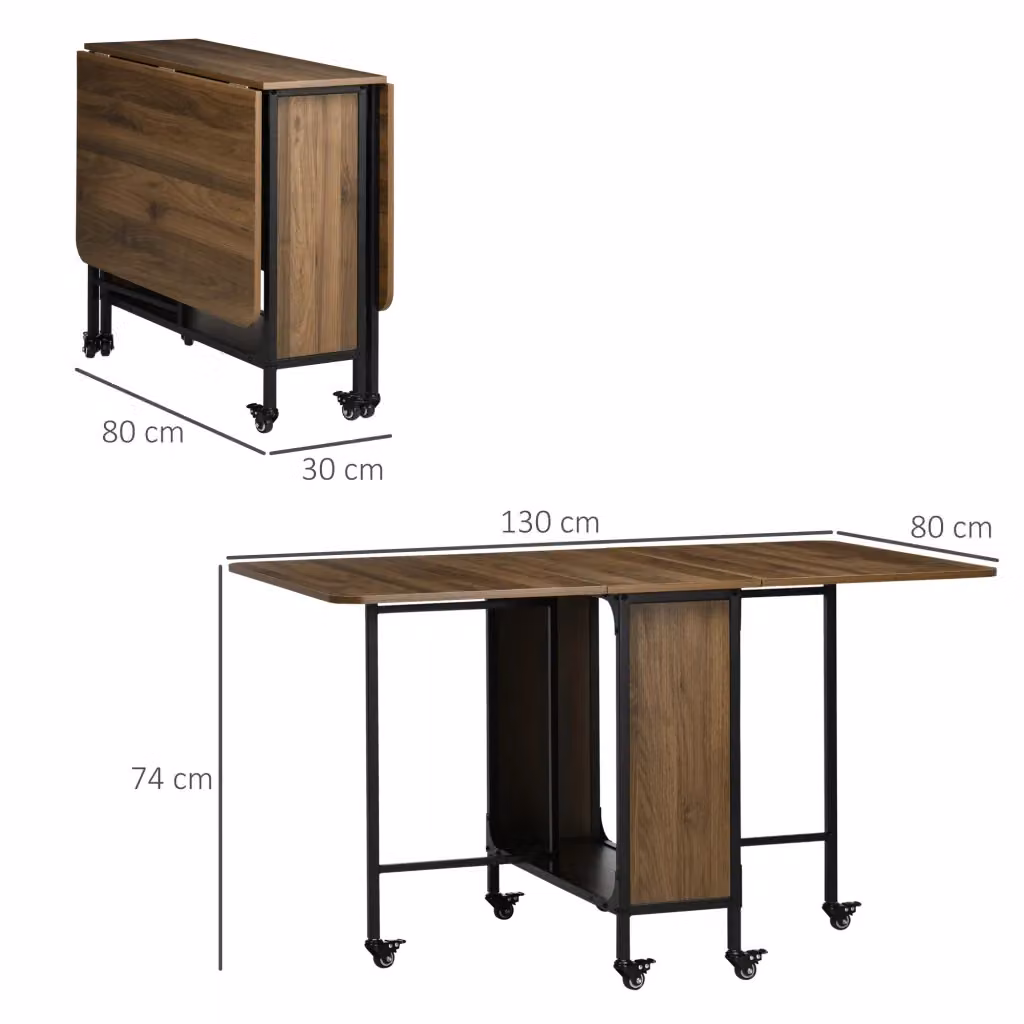 Tavolo da pranzo pieghevole WISHDOR marrone per 6 persone con piano a ribalta e ruote, L: 130 cm, P: 80 cm, H: 74 cm – 2