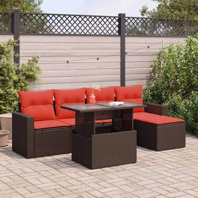 Set Divano da Giardino vidaXL 6 Pezzi in Polyrattan Marrone con Cuscini e Tavolino da Esterno a Forma di L