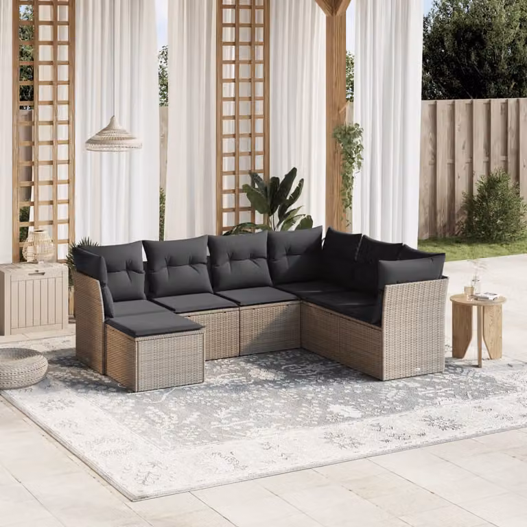 Set Divani da Giardino vidaXL 7 Pezzi a Forma di L con Cuscini Grigio Chiaro in Polyrattan e Struttura in Acciaio