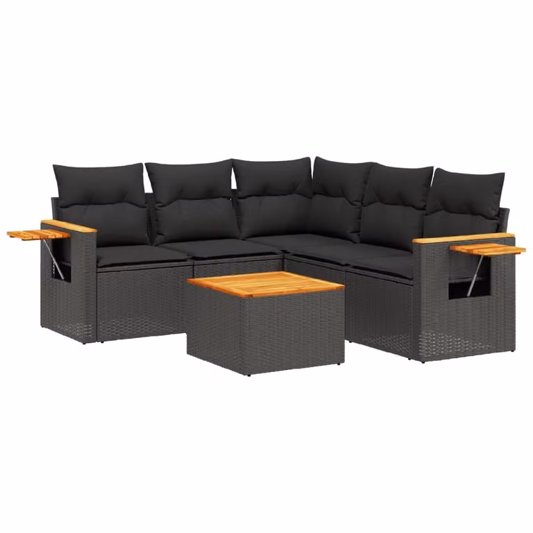 Set Divano da Giardino 6 pz con Cuscini Nero in Polyrattan