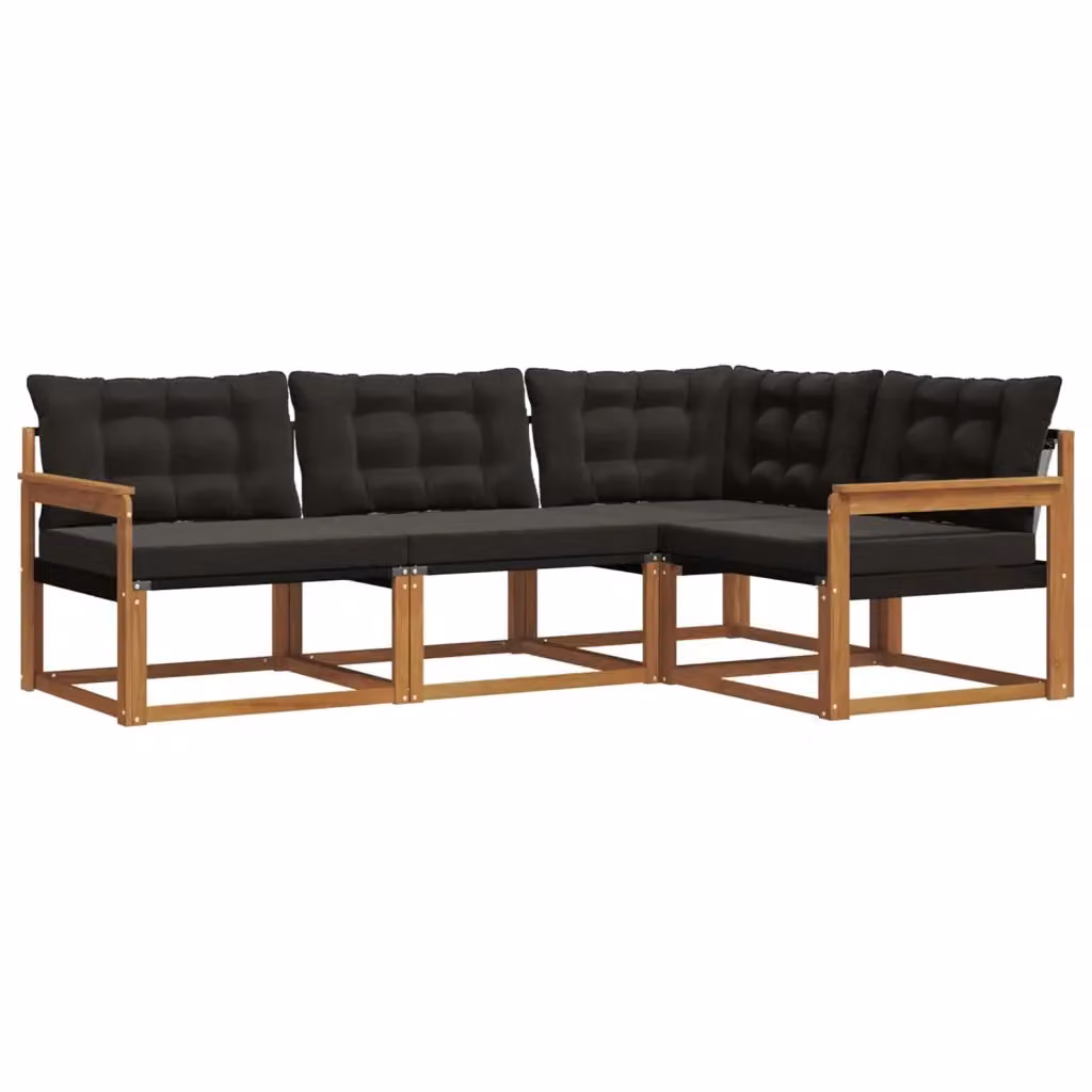 Set di divani da esterno vidaXL a forma di L composto da 4 pezzi in legno di acacia e textilene, colore marrone e nero, con cuscini inclusi – 2