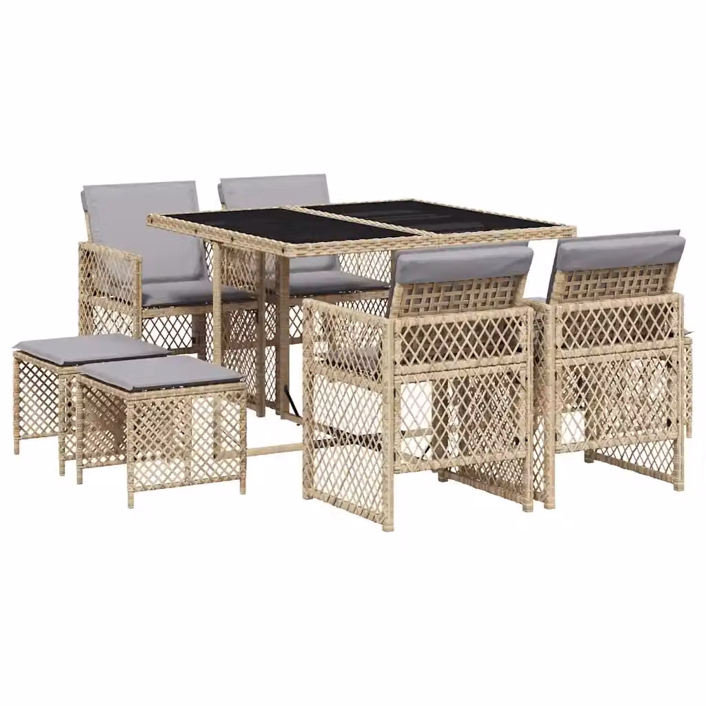 vidaXL Set da Pranzo da Giardino 9 pz in Polyrattan con Cuscini Beige e Grigio e Tavolo in Vetro – 2