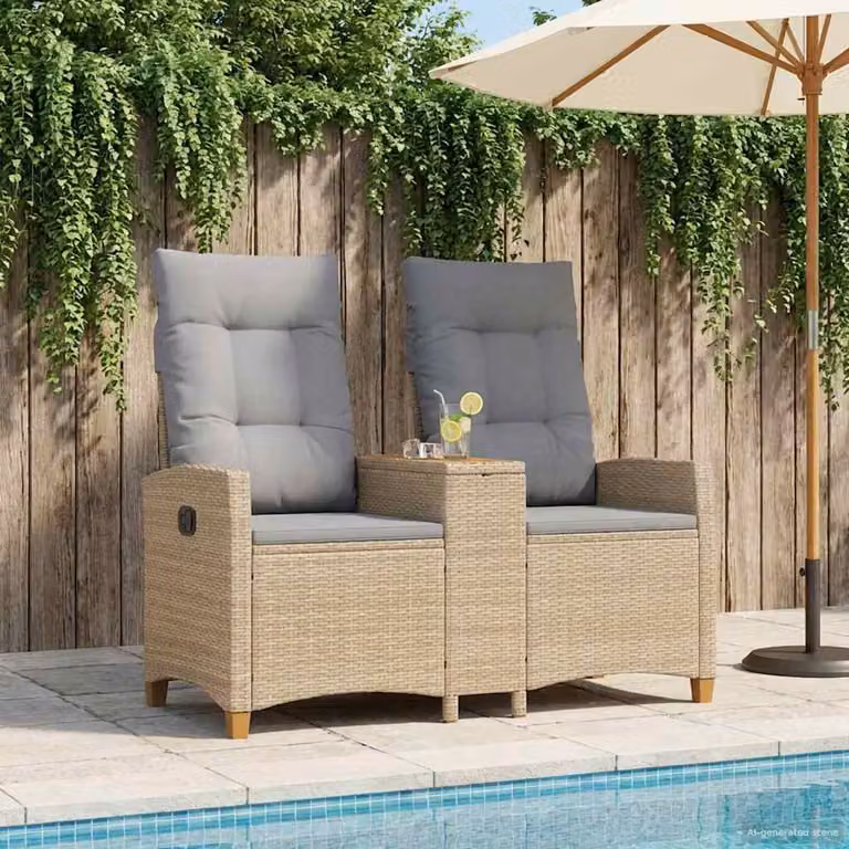 Panchina reclinabile con tavolo vidaXL per 2 persone in rattan e metallo, Beige e Grigio Chiaro, L 126 x P 65 x H 112 cm