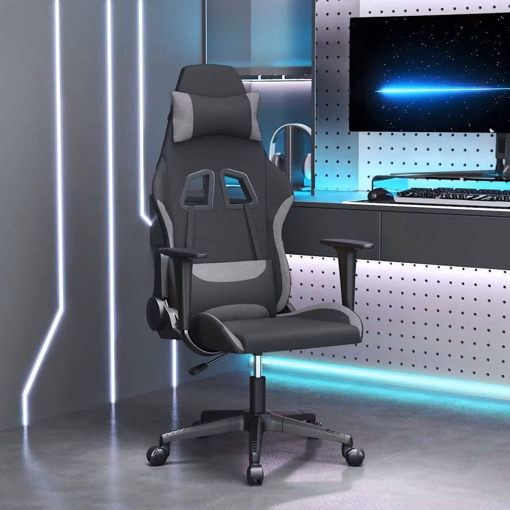 Sedia da Gaming vidaXL per Adulti in Tessuto Multicolore Nero e Grigio con Poggiatesta e Ruote