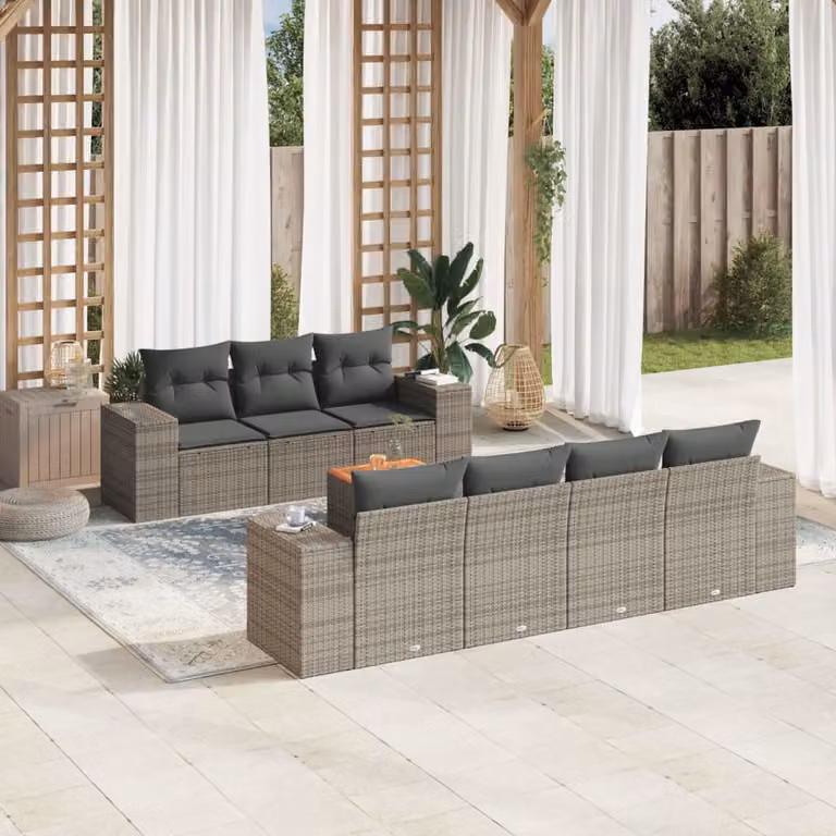 Set Divano da Giardino vidaXL 8 pz Grigio con Cuscini in Polyrattan e Struttura in Acciaio Verniciato a Polvere