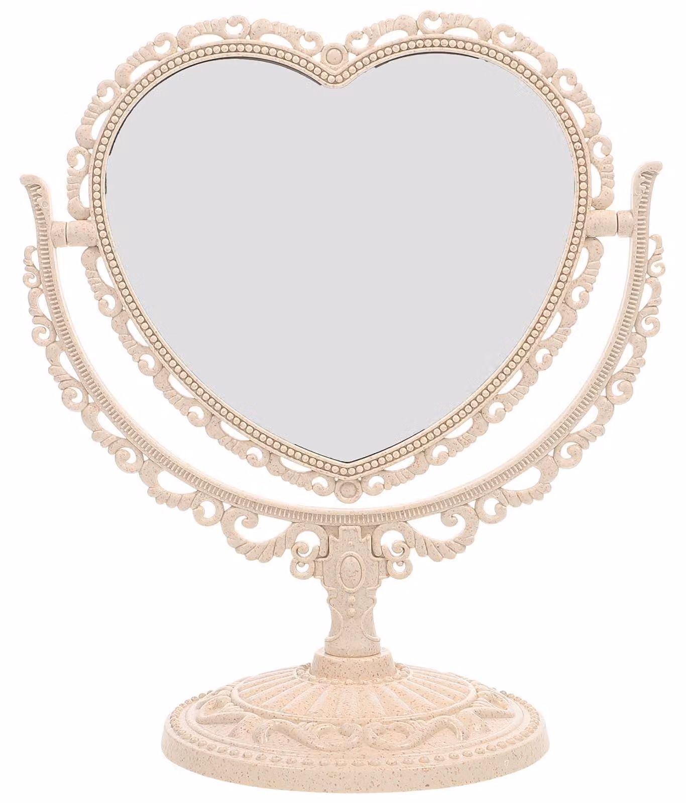 Specchio per il trucco, a doppio lato, con rotazione a 360 gradi, ingrandimento 2x, aspetto vintage, specchio da tavolo, color beige, dimensioni 25 x 20 x 12,5 cm