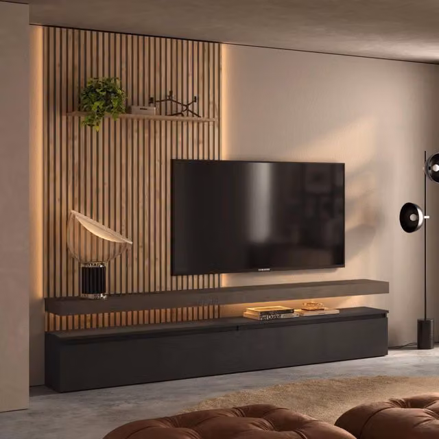 Parete Attrezzata Modulabile DMORA per Soggiorno, Design Moderno, Nero Antracite e Marrone, Appesa a Parete