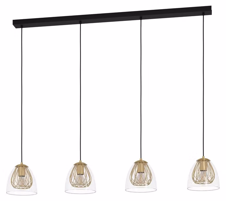 Lampada a sospensione EGLO Jazminia, lampada a sospensione per tavolo da pranzo, lampada da soffitto a sospensione, acciaio nero, ottone, vetro trasparente, attacco E27, L 135 cm