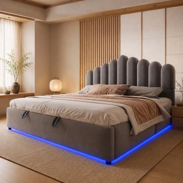 Letto contenitore 180x200 cm in velluto grigio con LED, senza materasso –