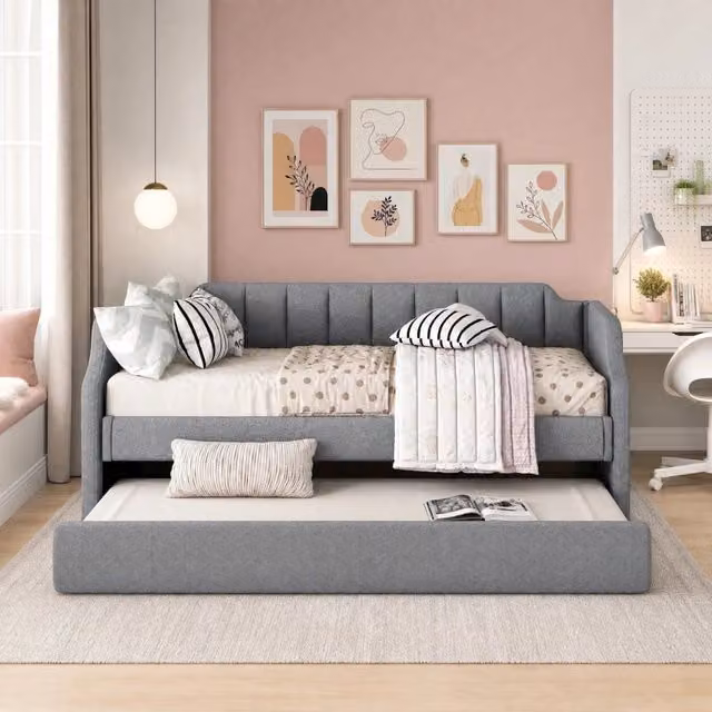Letto da giorno imbottito ULEVR 90x200 cm con letto estraibile 90x190 cm, tessuto effetto lino grigio