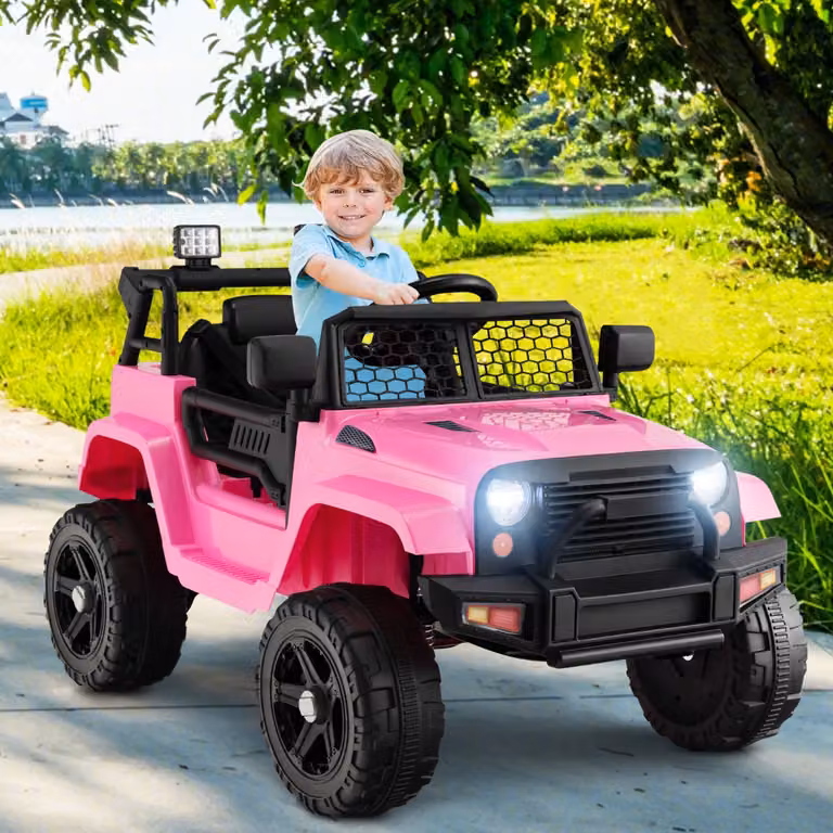 Costway Camion elettrico a batteria da 12V per bambini con telecomando, sedile extra large e porta USB, Rosa