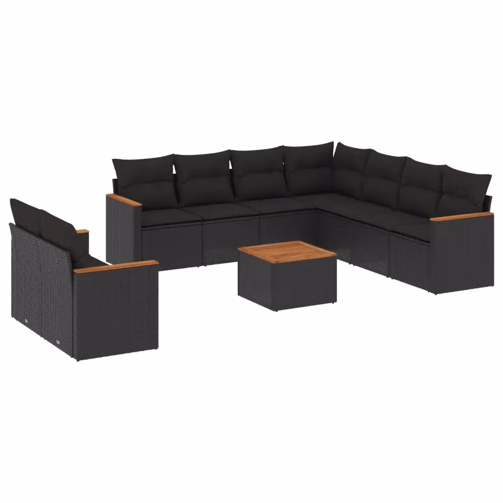 vidaXL Set Divani da Giardino 10 Pezzi in Polyrattan Nero con Cuscini e Tavolino da Esterno – 2