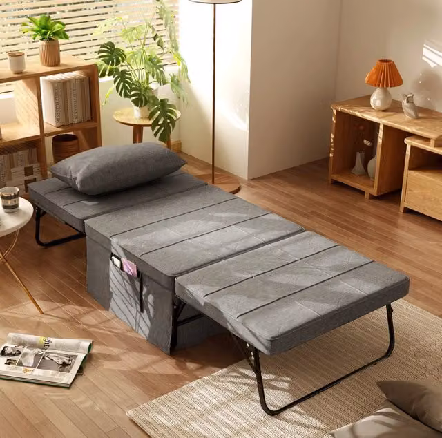 Letto pieghevole ULEVR 4 in 1 grigio con schienale regolabile a 5 posizioni, struttura in acciaio