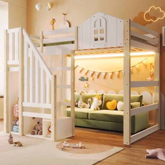 Letto a soppalco ¨C Minimal ¨C 140x200cm, bianco, legno pino, con luci LED, senza materasso