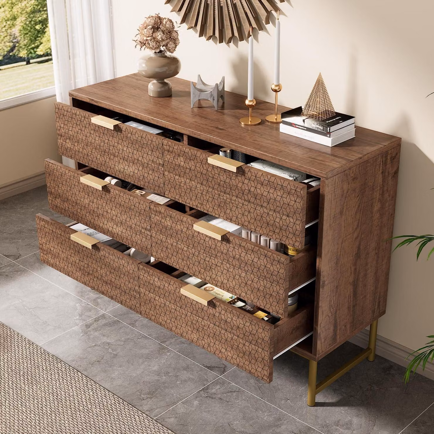 Comodino con 6 cassetti, in legno di noce, dimensioni 120 x 40 x 75 cm