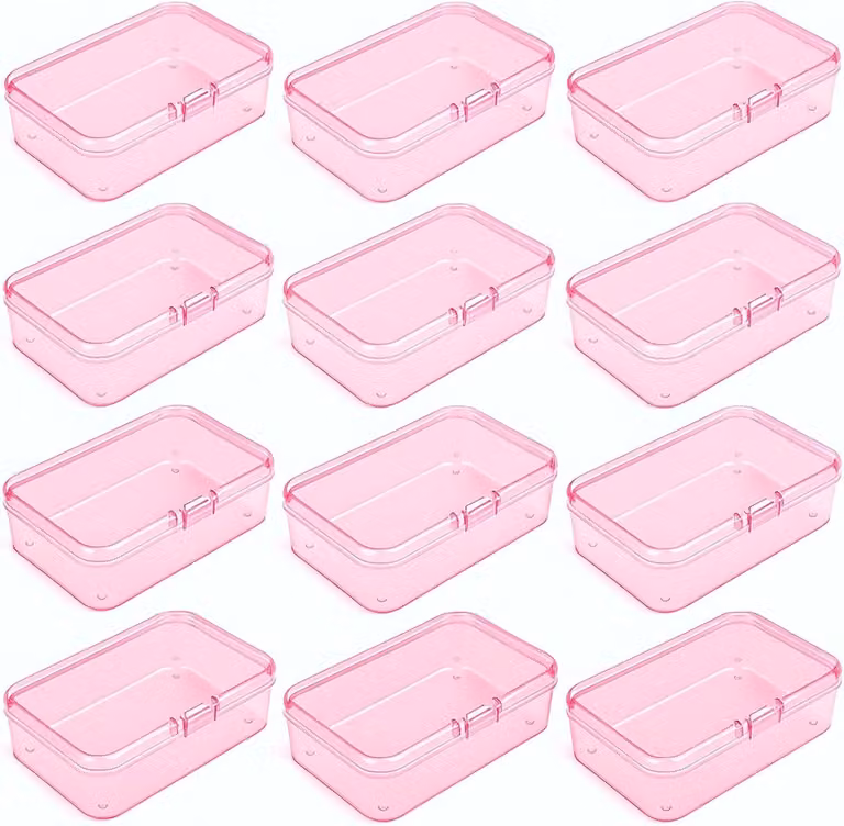 Contenitori in plastica trasparente rosa, 12 pezzi, dimensioni 85x55x25 mm, ideali per piccoli oggetti