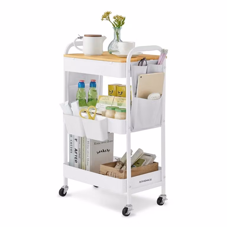 Carrello con Piano d'Appoggio Contenitori Pensili Rimovibili Tasche Laterali, Bianco Nuvola