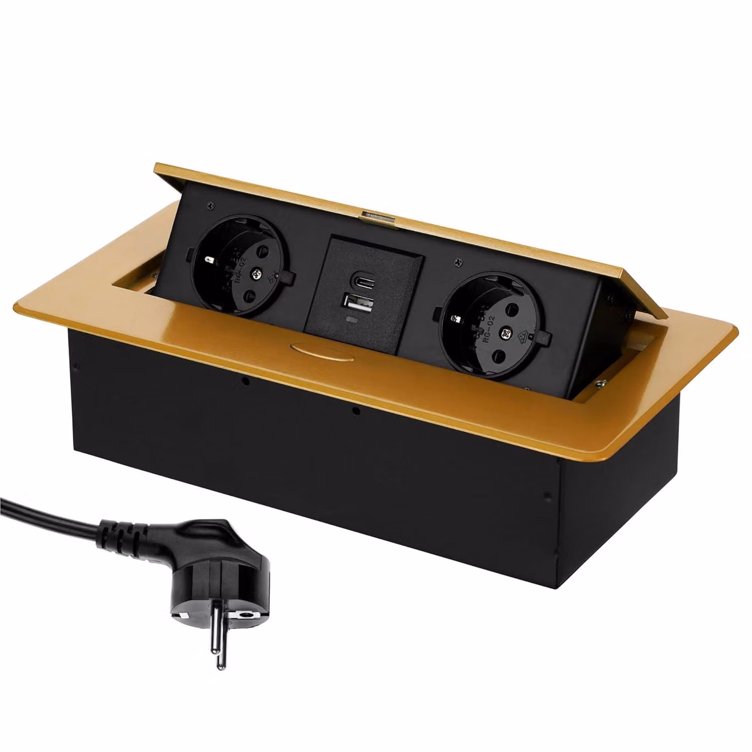 Presa di corrente integrata in alluminio retrattile a 2 pieghe I USB-A USB-C I oro